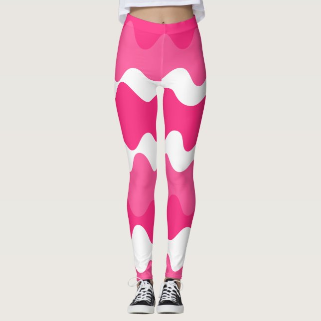 Pink and white horizontal waves pattern  leggings (Front)