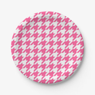 Pink and White Houndstooth Check Paper Plates