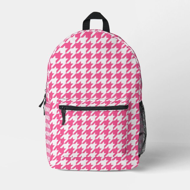 Pink and White Houndstooth Check Printed Backpack (Front)