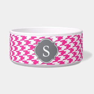 Pink and White Houndstooth Monogram Large Dog Bowl