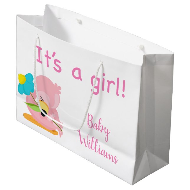 Pink and White It's a Girl Flamingo  Large Gift Bag (Front Angled)