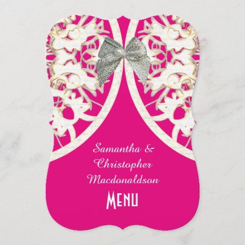 Pink and white lace filigree damask wedding menu