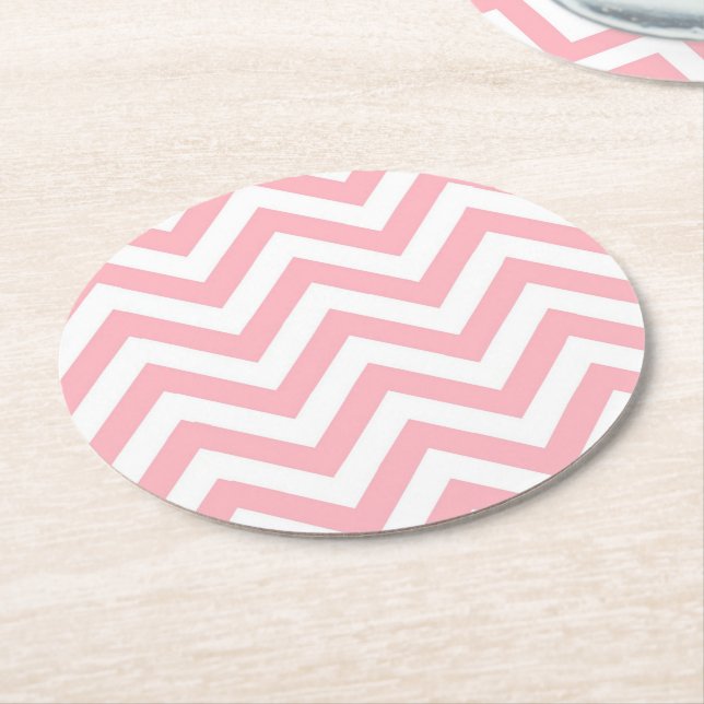 Pink and White Large Chevron ZigZag Pattern Round Paper Coaster (Angled)