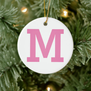 Pink and White Large Initial Letter Solid Color Ceramic Ornament