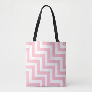 Pink and White Large Size Diagonal Chevron Stripes Tote Bag