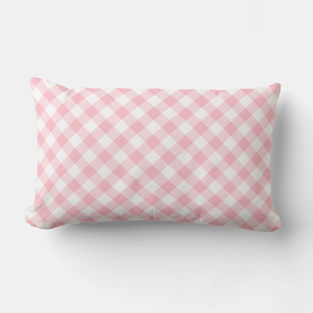 Pink and White Large Size Diagonal Gingham Checks Lumbar Pillow (Front)