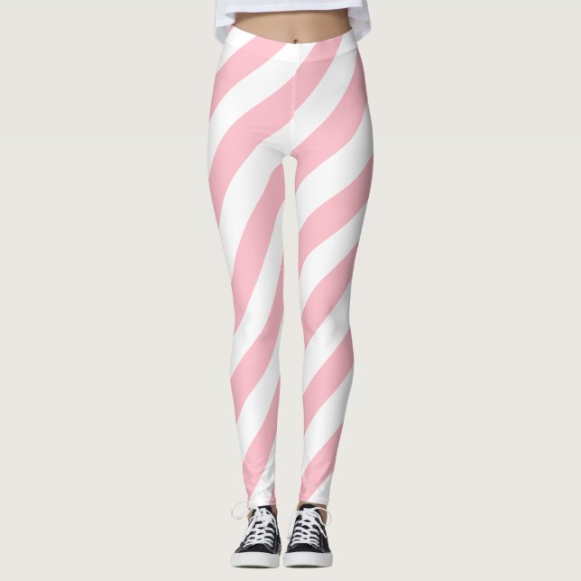 Pink and White Large Size Diagonal Stripes Leggings (Front)