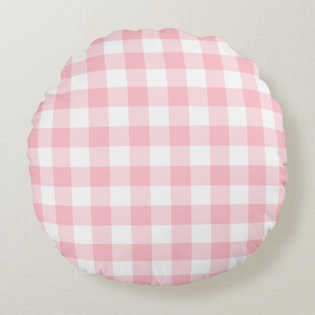 Pink and White Large Size Gingham Checks Round Pillow (Front)