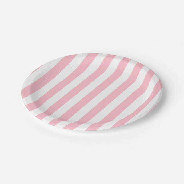 Pink and White Large Size Stripes Paper Plates (Angled)