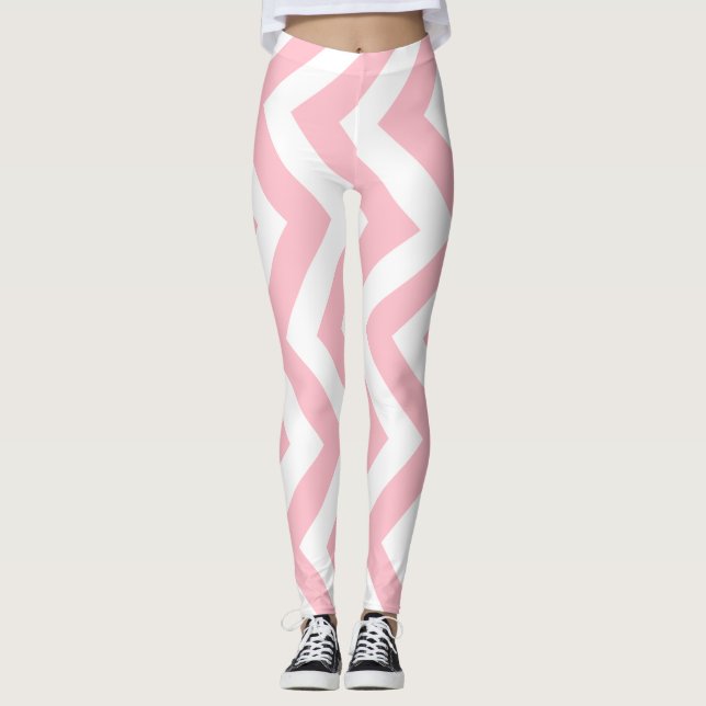 Pink and White Large Size Vertical Chevron Leggings (Front)