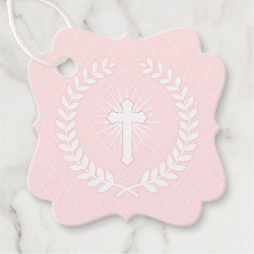 Pink and White Laurel Religious with Cross Favor Tags