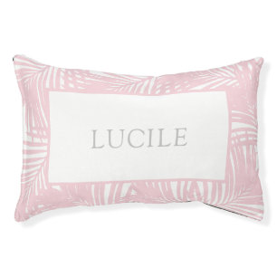 Pink and White Leaf Pattern Custom Name Pet Bed