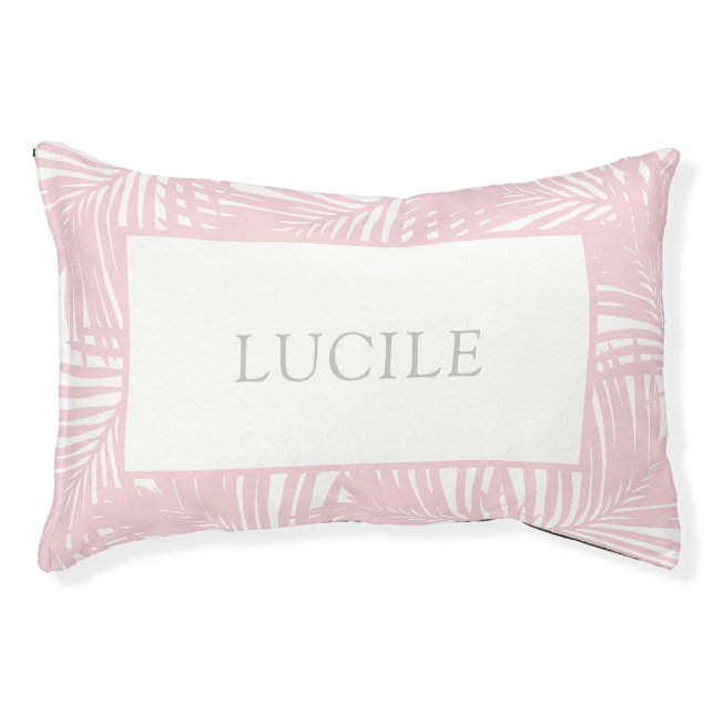 Pink and White Leaf Pattern Custom Name Pet Bed (Front)
