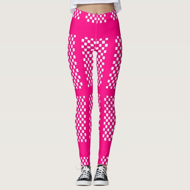 Pink And White Leggings With Stripes and Checkers (Front)