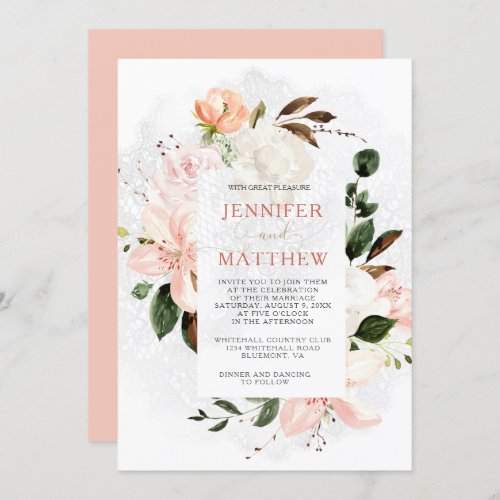 Pink and White Lilies Roses Peonies Magnolias Invitation