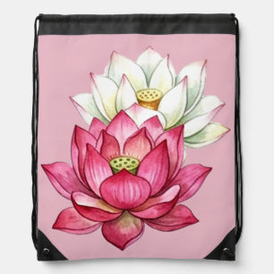 Pink And White Lotus Blossom Watercolor Drawstring Bag
