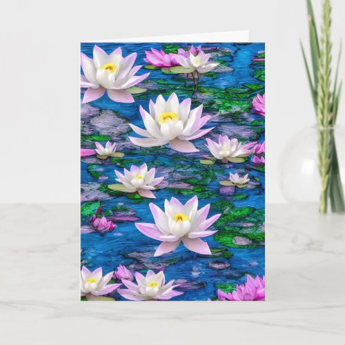 Pink And White Lotus Flower Floating In Blue Pond Card