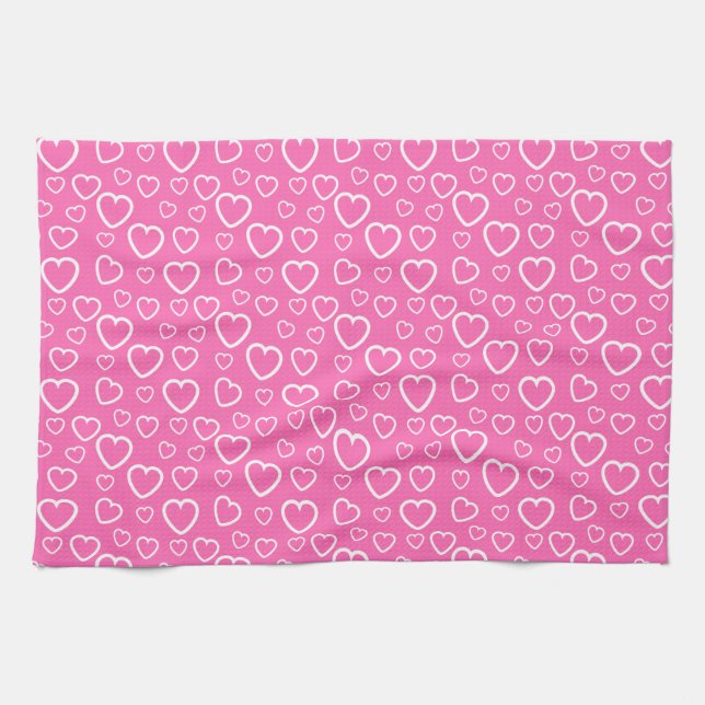 Pink and White Love Hearts Pattern Kitchen Towel (Horizontal)