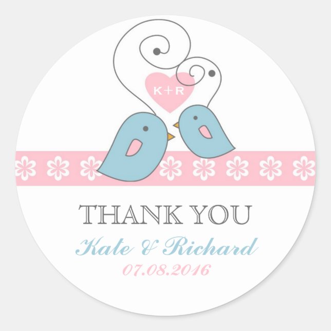 Pink and White Lovebirds Wedding Favor Sticker (Front)