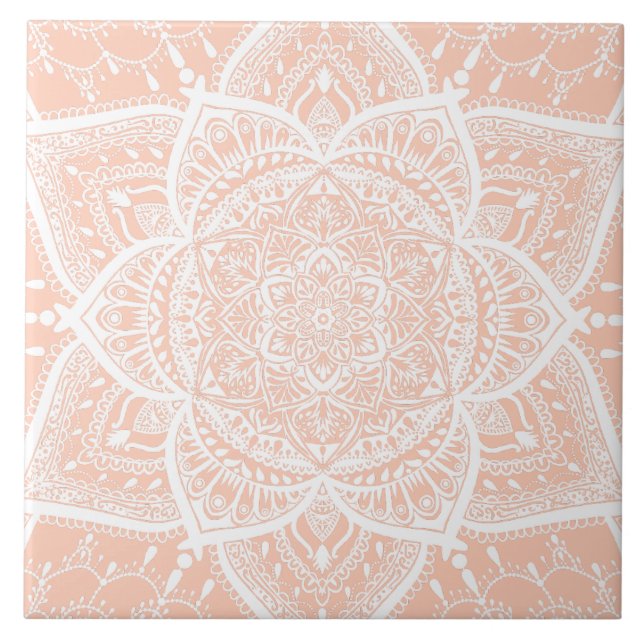 Pink and White Mandala - Loergann in Apricot Ceramic Tile (Front)