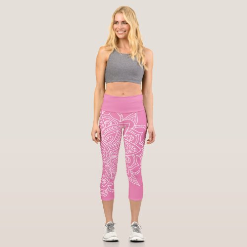 Pink and White Mandala Yoga Capri Leggings