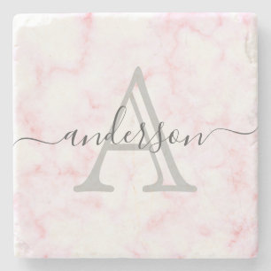 Pink and White Marble Monogram Script Stone Coaster