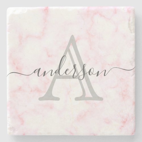 Pink and White Marble  Monogram Script Stone Coaster