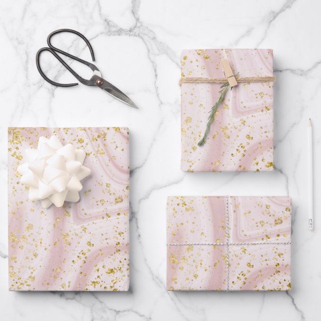 Pink and White Marble Swirl Gold Glitter  Wrapping Paper Sheets (Front)