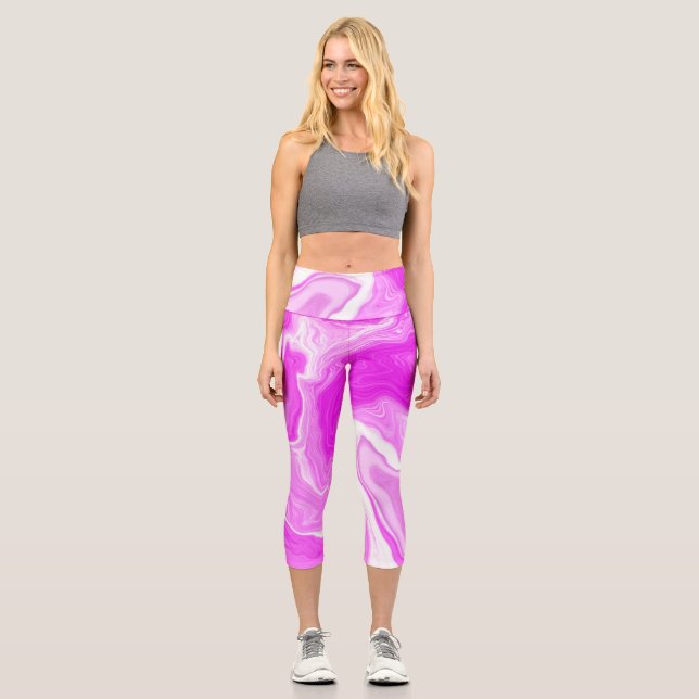 Pink and White Marble Swirls  Fluid Art Capri Leggings (Front)