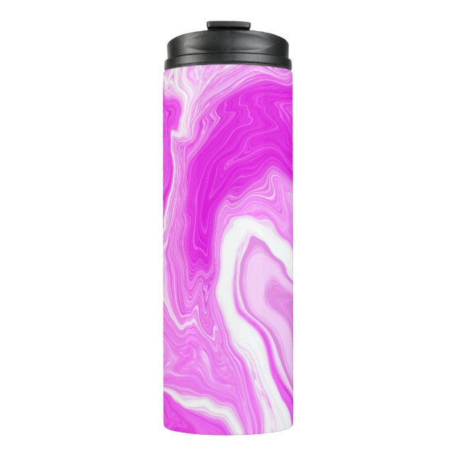Pink and White Marble Swirls Fluid Art Thermal Tumbler (Front)