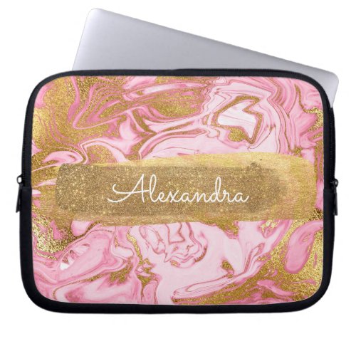 Pink and White Marble with Gold Foil and Glitter Laptop Sleeve