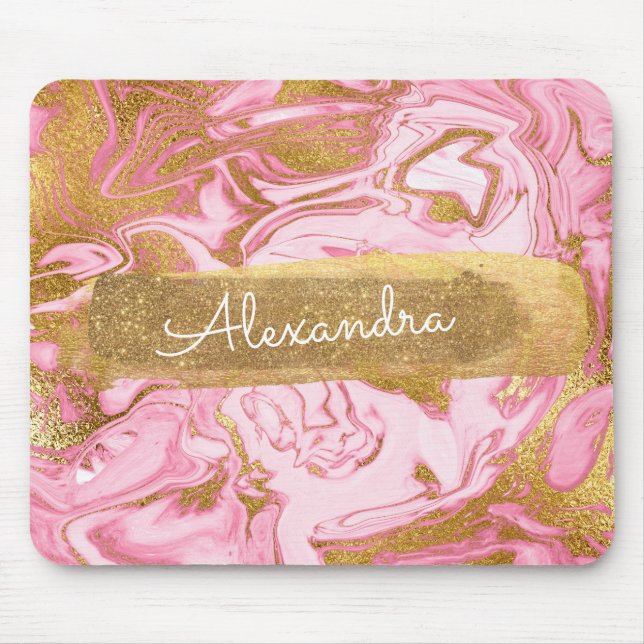 Pink and White Marble with Gold Foil and Glitter Mouse Pad (Front)