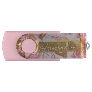 Pink and White Marble with Gold Foil and Glitter USB Flash Drive