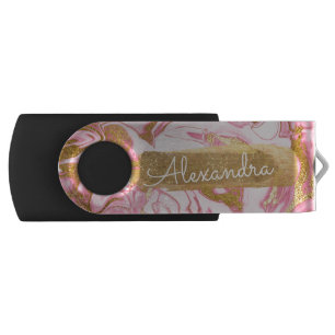 Pink and White Marble with Gold Foil and Glitter USB Flash Drive