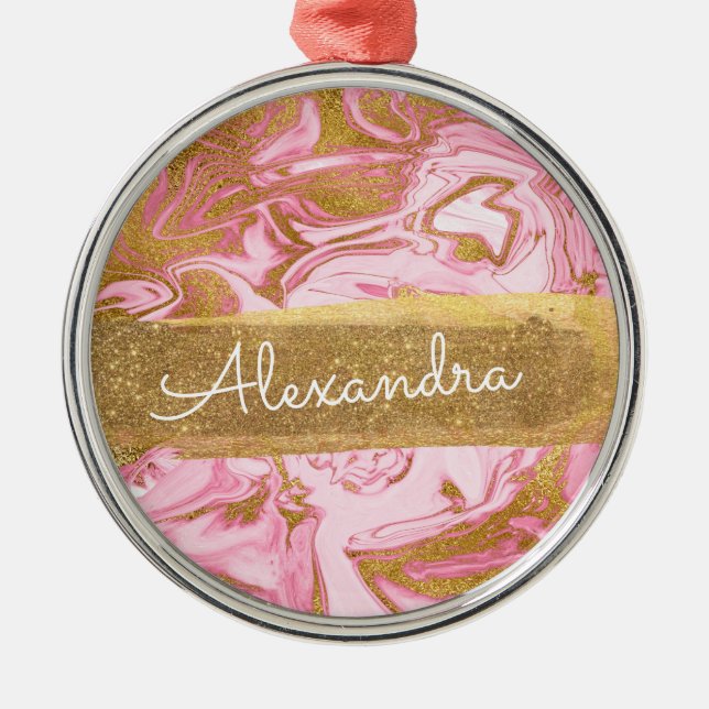 Pink and White Marble with Gold Sparkle & Glitter Metal Ornament (Front)