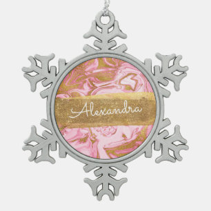 Pink and White Marble with Gold Sparkle & Glitter Snowflake Pewter Christmas Ornament