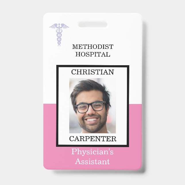 Pink and White Medical Facility Photo Name Badge (Front)