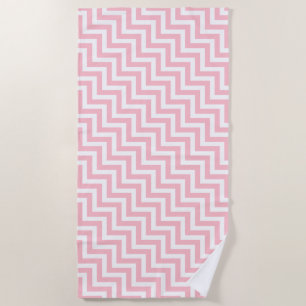 Pink and White Medium Diagonal Chevron Stripes Beach Towel