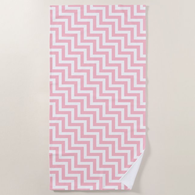 Pink and White Medium Diagonal Chevron Stripes Beach Towel (Front)