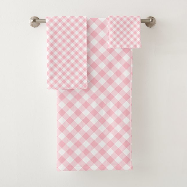 Pink and White Medium Size Diagonal Gingham Checks Bath Towel Set (Insitu)