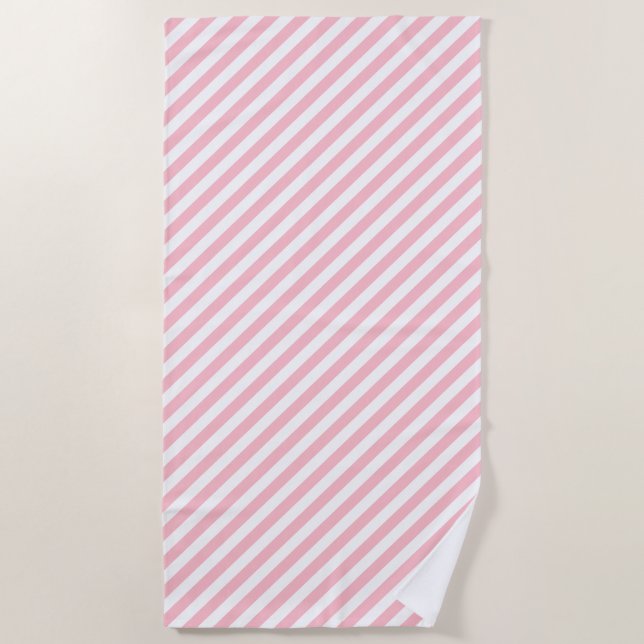Pink and White Medium Size Diagonal Stripes Beach Towel (Front)