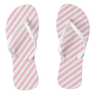 Pink and White Medium Size Diagonal Stripes Flip Flops