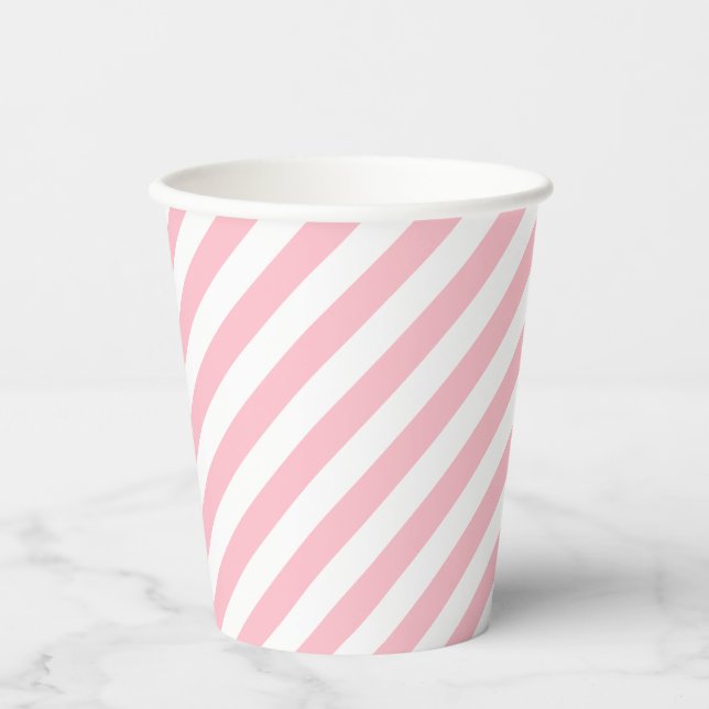 Pink and White Medium Size Diagonal Stripes Paper Cups (Front)