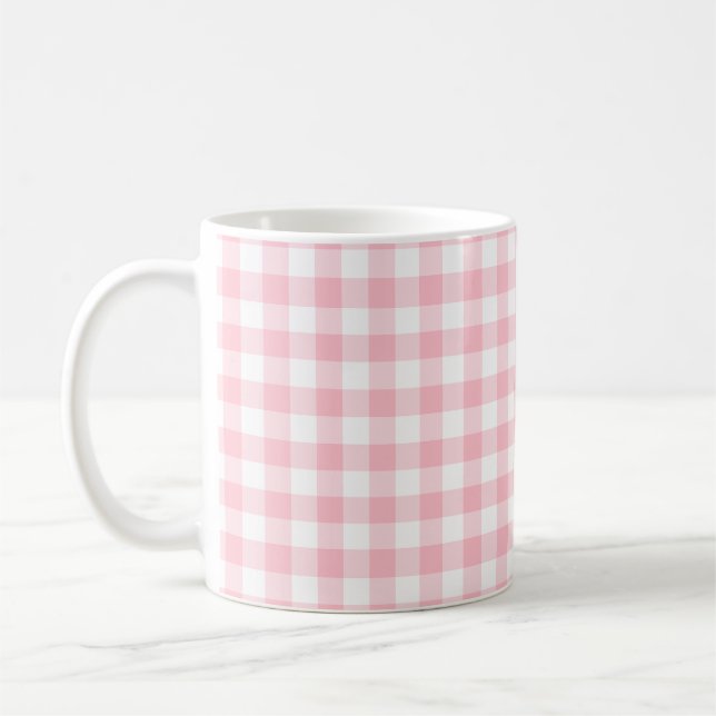 Pink and White Medium Size Gingham Checks Coffee Mug (Left)