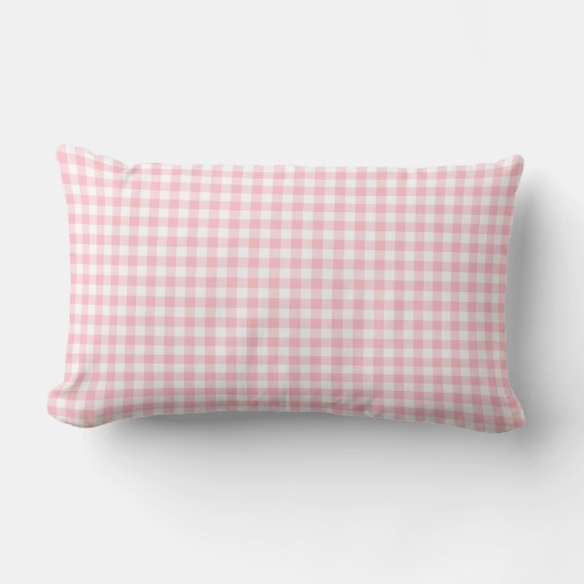 Pink and White Medium Size Gingham Checks Lumbar Pillow (Front)
