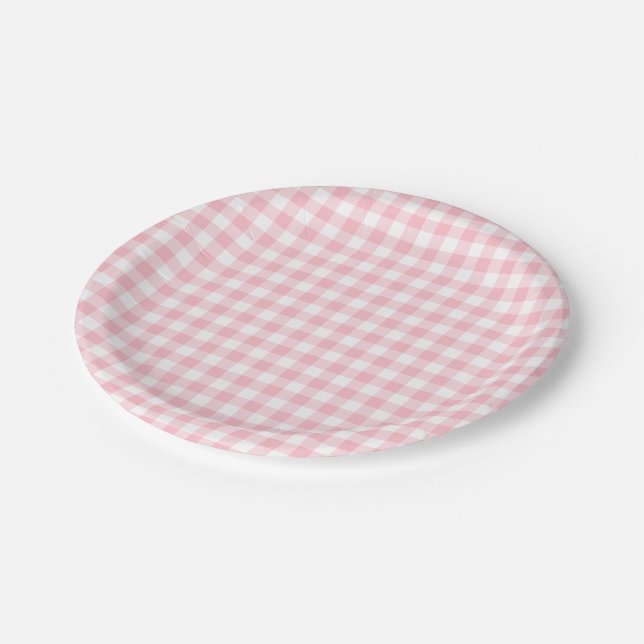 Pink and White Medium Size Gingham Checks Paper Plates (Angled)