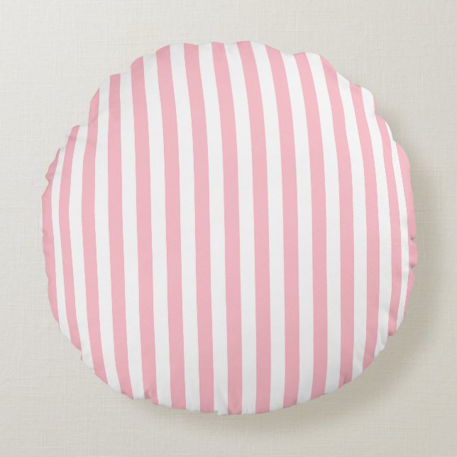 Pink and White Medium Size Stripes Round Pillow (Front)