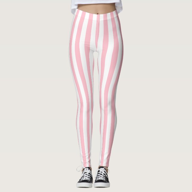 Pink and White Medium Size Vertical Stripes Leggings (Front)