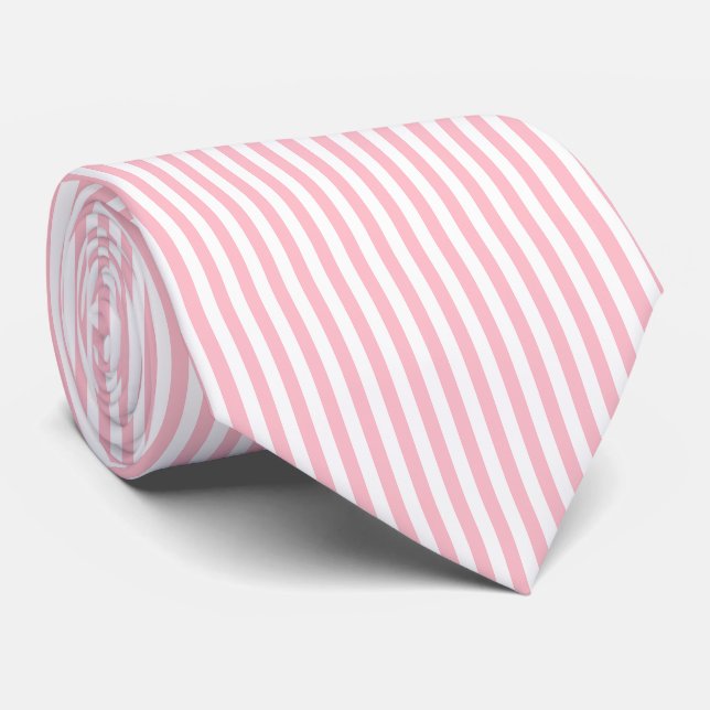 Pink and White Medium Size Vertical Stripes Neck Tie (Rolled)