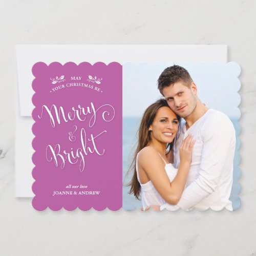 Pink and White Merry  Bright Christmas Photo Card